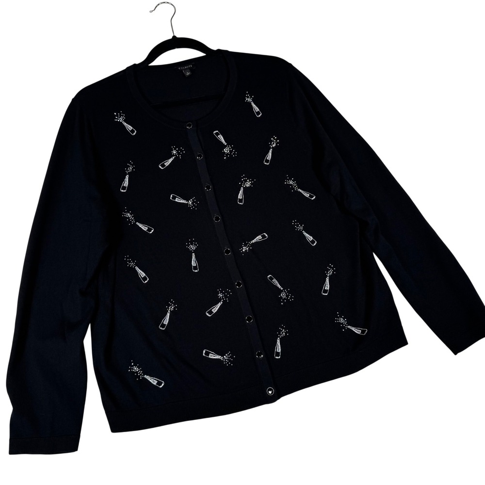 Talbots Cardigan Women Large Black Champagne Rhinestone Festive Holiday Sweater‎